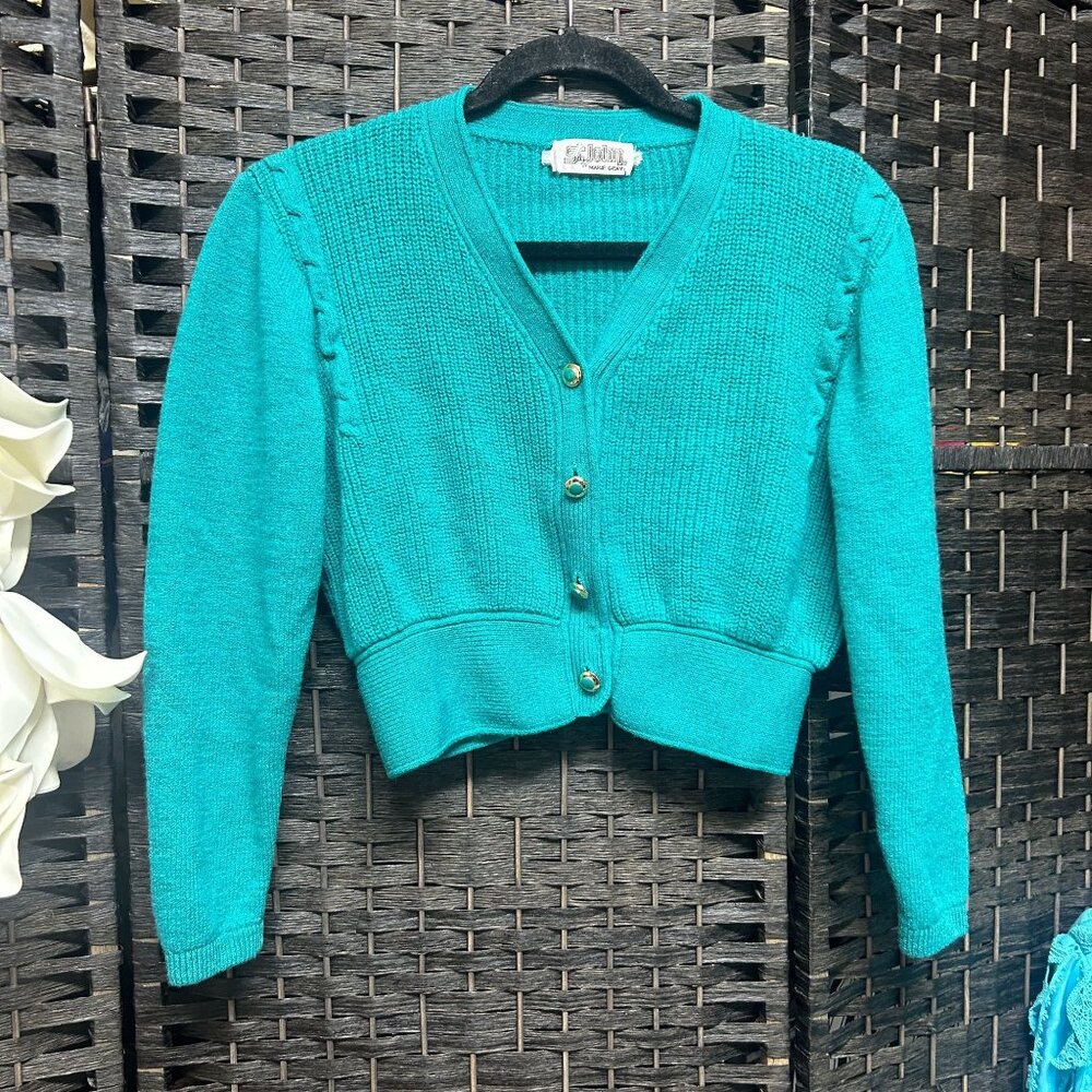 St. John Vintage Knit Cropped Green Cardigan Sweater Size Small